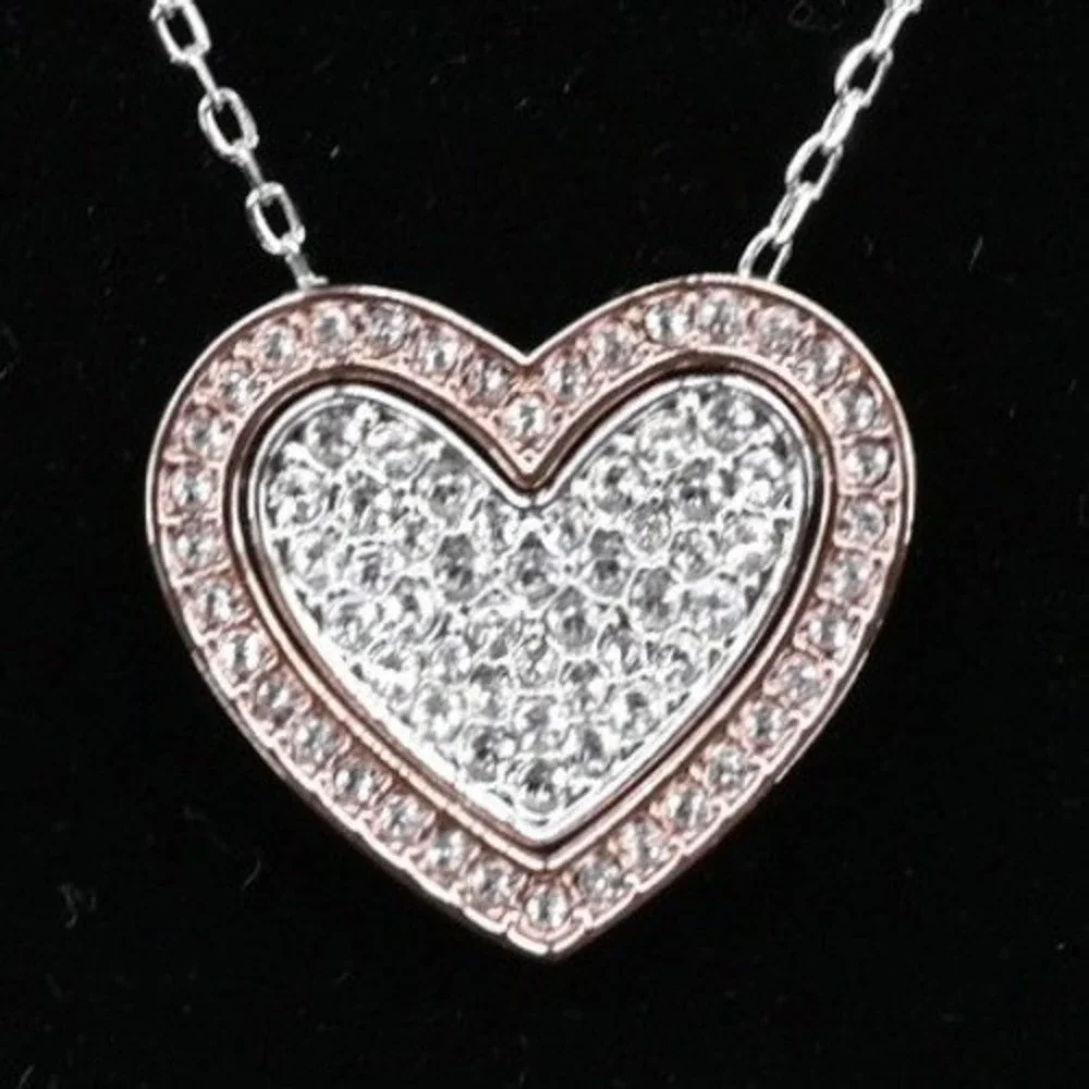 Signed Swarovski Crystal Double Heart Rose Gold Silver Mixed Metal Necklace